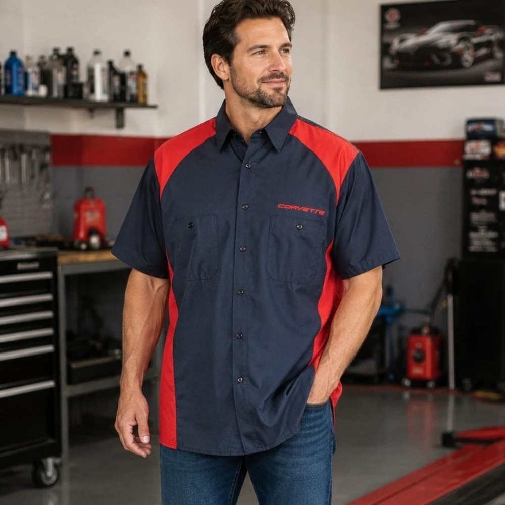 Red Kap Corvette Racing Work Shirt Medium Navy Red Button Front Garage Uniform